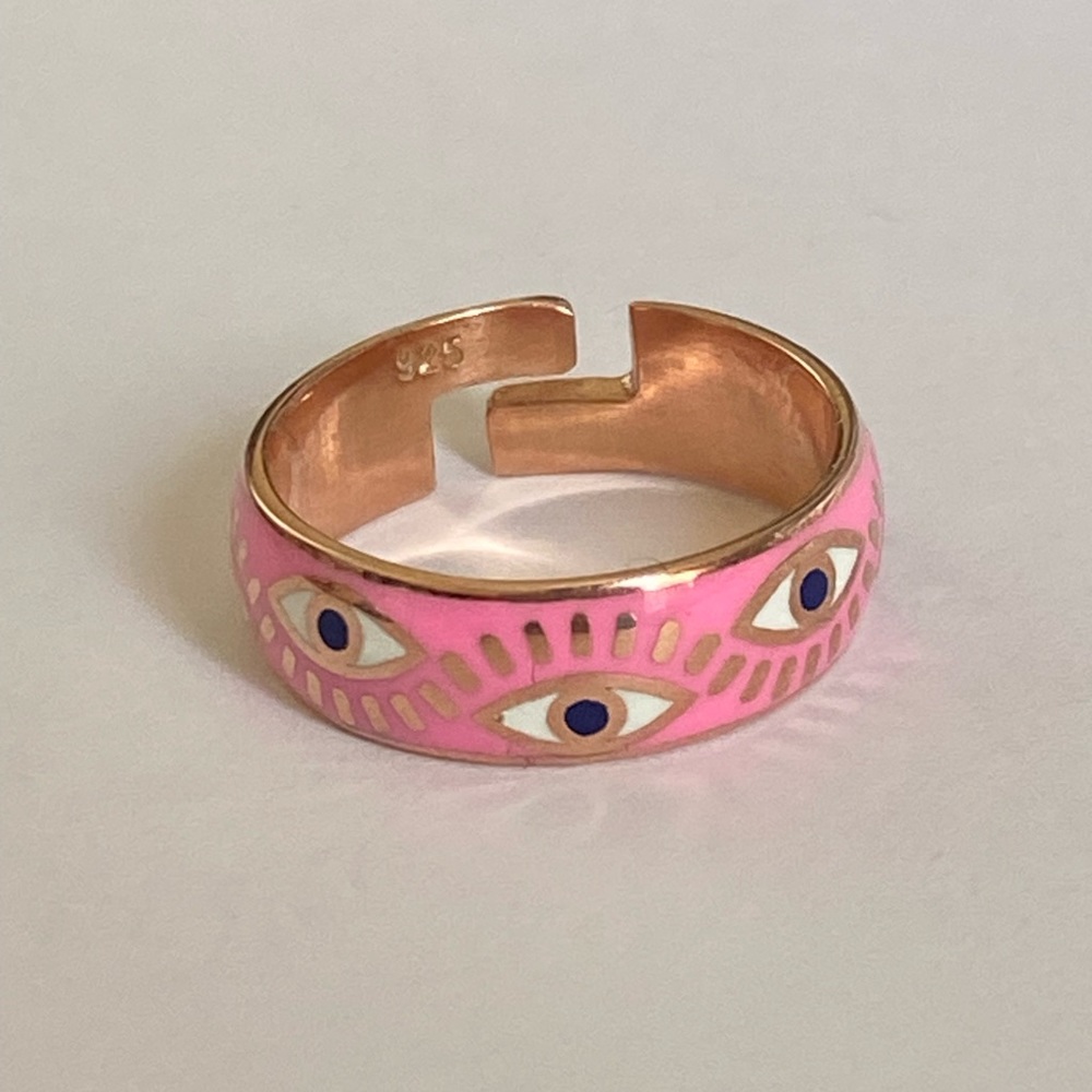925 silver ring pink enamel evil eye handmade